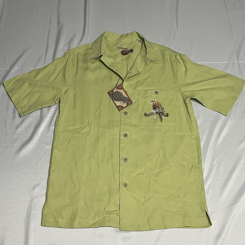 Caribbean Graphic Hawaiian Shirt Large Yellow Roundtree Yorke Parrot NWT - Picture 2 of 6